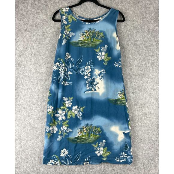 Vintage Marsh Landing Hawaiian Dress Womens Medium Blue Tropical Aloha Rayon - Picture 1 of 12